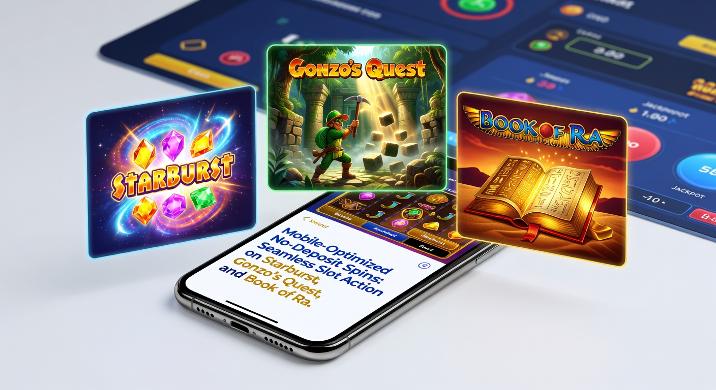 Gonzo-Figur auf Smartphone-Bildschirm mit No-Deposit-Spins-Banner, Starburst-Juwelen und Book of Ra-Pyramiden im Hintergrund