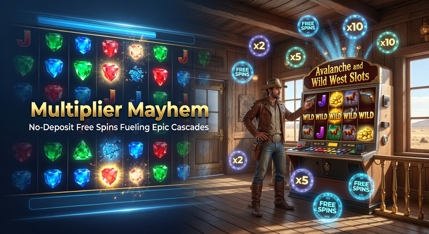 Nahaufnahme eines Wild-West-Slot-Screens mit kaskadierenden Goldmünzen, explodierenden Multipliern und Free-Spin-Überlagerungen während einer intensiven Cascade-Sequenz