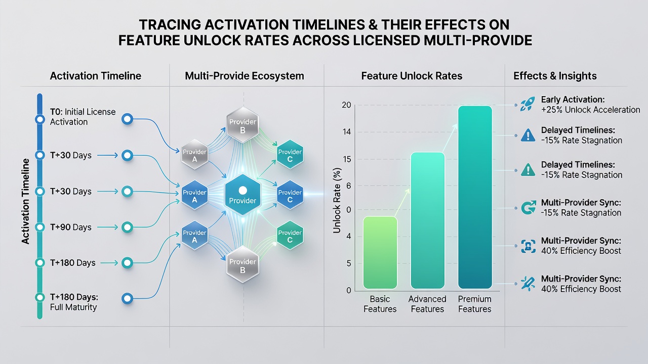 Analyse-Dashboard mit Kurven zu Aktivierungs-Timelines und Feature-Freischaltquoten in Gem- und Mythic-Reel-Plattformen