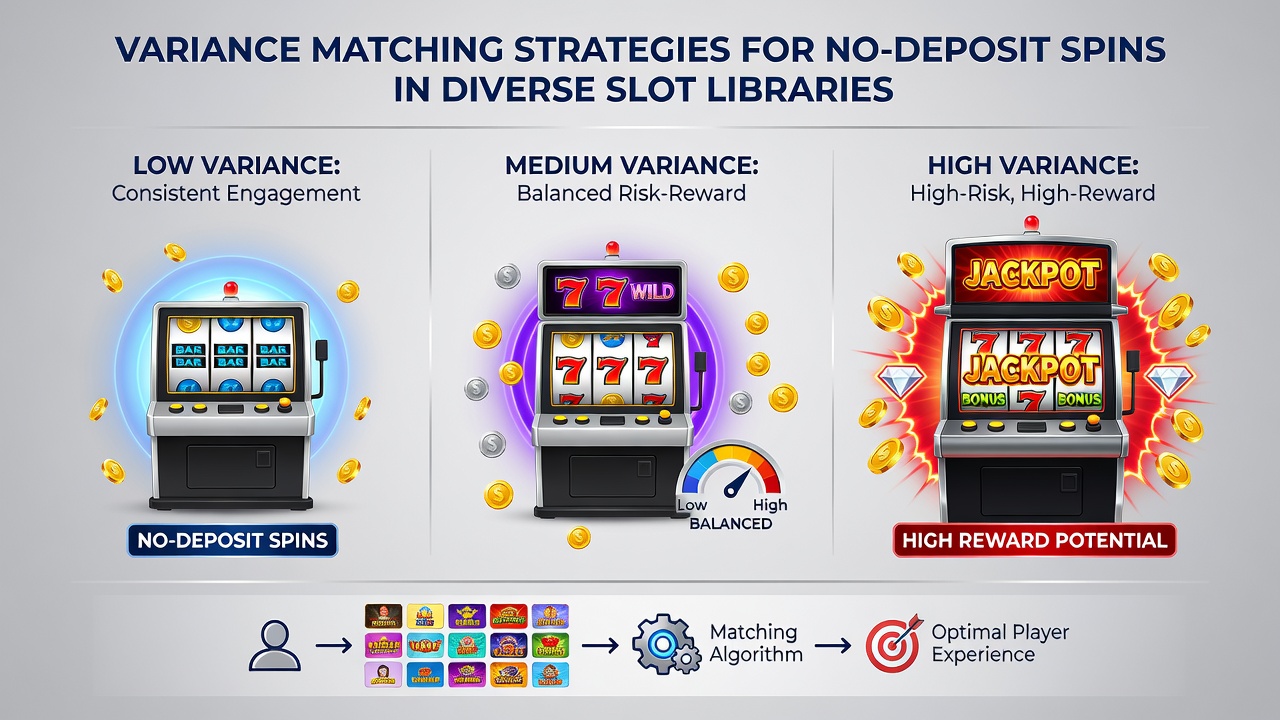 Diagramm zur Varianzanpassung mit Beispielen für No-Deposit-Spins in verschiedenen Slot-Themen